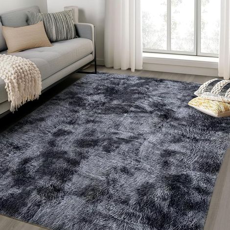 Tapis Salon Tapis Chambre Adolescent Fille Shaggy Moderne Design Poil Long Doux Anti Slip Grand Tapis pour Enfant Chambre (Noir/Blanc, 140 200cm) (1/5)