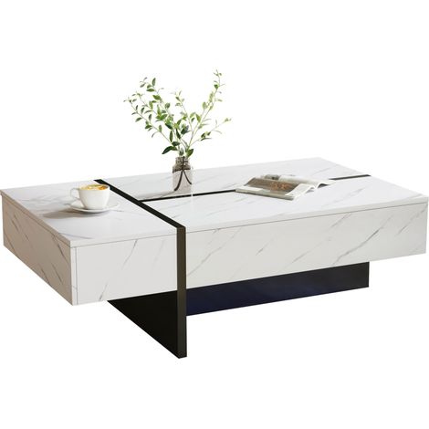 Table basse LED blanche moderne avec 3 tiroirs, plateau brillant effet marbre, design irrégulier et rangement salon – CHICFURN (1/5)