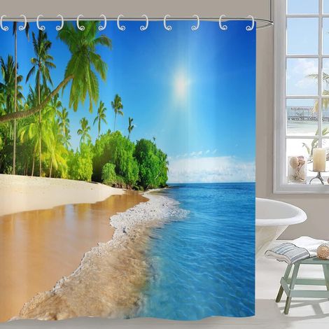 Rideau de douche 180 x 200 cm en polyester imperméable lavable pour salle de bain avec crochets Motif paysage tropical, palmiers, bord de mer, île bleu ciel hawaïen