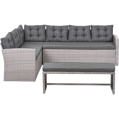 Conjunto de jardín clásico con sofá esquinero y banco de ratán sintético con cojines gris Viterbo