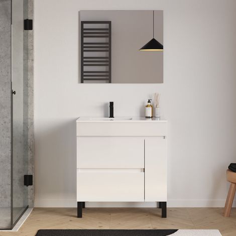 Meuble de salle de bain 80cm sur pieds avec vasque déportée à gauche avec porte et tiroirs - blanc brillant - LAZARO (1/5)