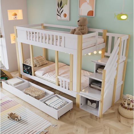 Litera infantil (253x95x150 cm), con escalera con almacenamiento, tres cajones con ruedas, pizarra, madera maciza y MDF, blanco y natural (1/5)