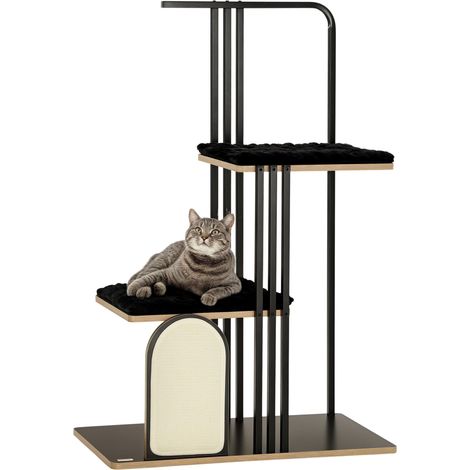 Arbre à chat, design industriel, 2 plateformes, 2 coussins, mur à griffer, structure en acier, noir, 85 x 48 x 128 cm