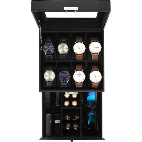 Boîte à Montres 8 Compartiments, 2 Niveaux Coffret à Montres en PU, Couvercle en Verre, Coffret de Rangement pour Montres, Coussinets Coton de Soie, Doublure Noire, Idée Cadeau (1/5)