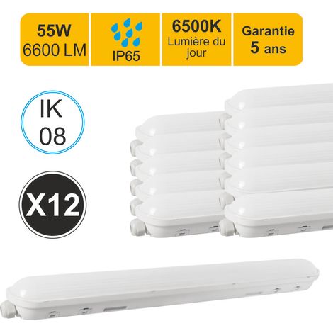 Lot de 12 réglettes LED étanche 1500mm 55W 6600 LM 6500K IP65 - traversant - garantie 5 ans