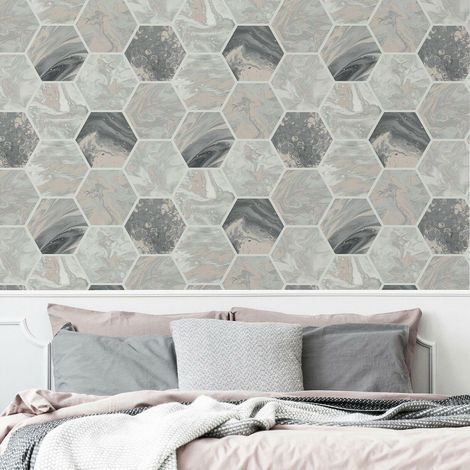 Arthouse Marbled Hexagon Geometric Charcoal SilverGrey Metallic Marble Wallpaper (1/4)