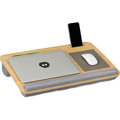 Relaxdays Laptop Tray, Bamboo, Wrist Support, Mobile Holder, Protect, Cushion, 10 x 55.5 x 36, Mini Desk, Natural/Grey