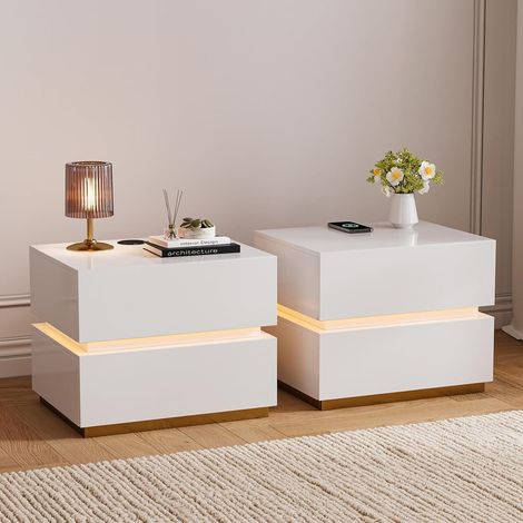 Table de chevet intelligente pour chambre d'hôtel de 19,7 pouces, avec éclairage d'ambiance LED, recharge sans fil par détection et deux tiroirs de rangement,lot de deux (1/5)