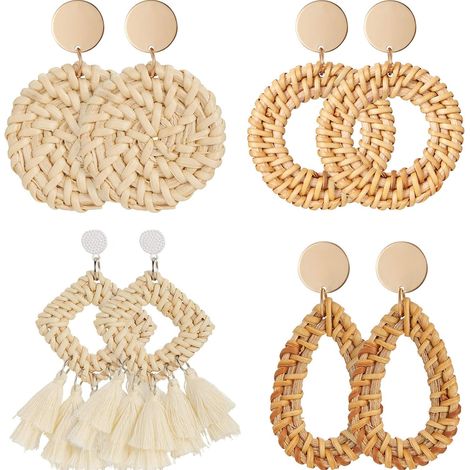 Boucles Doreilles En Rotin - Boucles Pendantes Tissées Géométriques Légères - Pour Femme - Lot De 4 Paires (1/5)