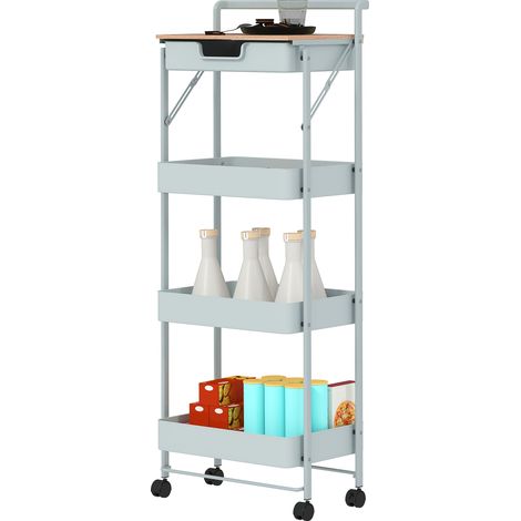 Desserte chariot de rangement mobile 45 x 29.5 x 117.5 cm tiroir et paniers aérés moderne épuré en acier vert clair (1/4)