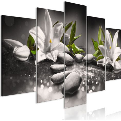 Tableau 5 Panneaux "Lilies & Stones Wide Grey" 50 x 100 cm (1/2)