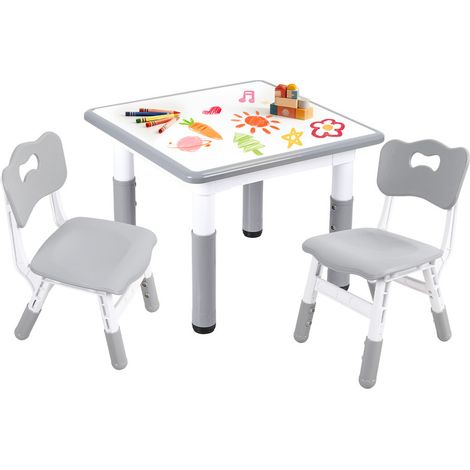 WILITTO Set Table et Chaises pour Enfants Réglable - Table d'Activités avec Surface Effaçable, Hauteur 7 Niveaux, pour Dessin, Repas et Jeux, Gris et Blanc (1/5)
