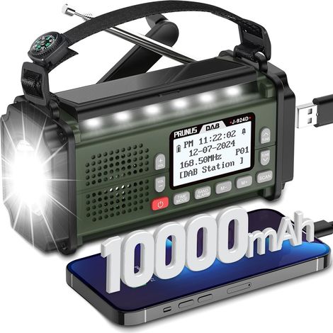 Radio Dab+/FM Portable, Prunus J-924 Solaire Dynamo 10000mAh, Radio Survie avec Piles et Manivelle, Panneau Solaire, Réveil, Chargeur USB-C, Lampe de Poche et Lecture, Alarme SOS d'urgence (1/5)