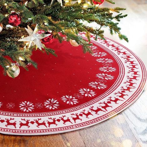 Tapis de sapin de Noël rouge tricoté, 122 cm, motif orignal et flocons de neige, tricot torsadé, style rustique champêtre, épais tapis de sapin de Noël rouge pour Noël (1/5)