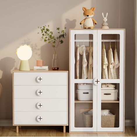 Ensemble armoire et commode 80x50x150 cm et 80x54x90 cm blanc et naturel en MDF avec portes acryliques (1/5)