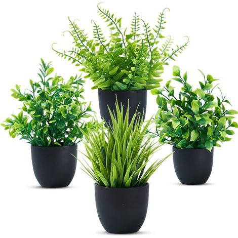 Ensemble de 4 mini plantes artificielles avec pots - Plantes en plastique vert, plantes d'intérieur miniatures, adaptées aux salles de bains, aux bureaux et à la décoration intérieure. (1/5)
