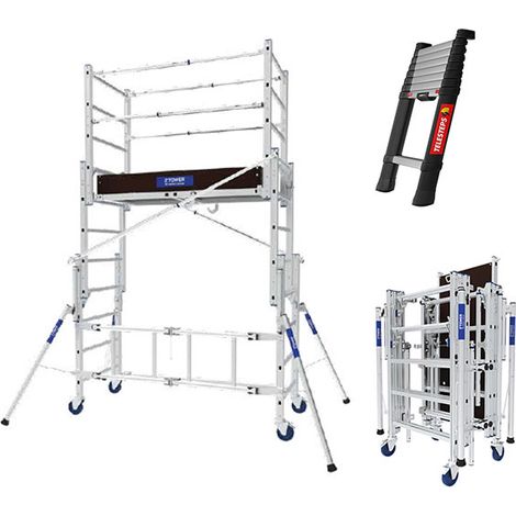 Echafaudage roulant pliant - Hauteur max. de travail 3.80m + Echelle télescopique 2.60m - 22407420/TEL72226 (1/5)