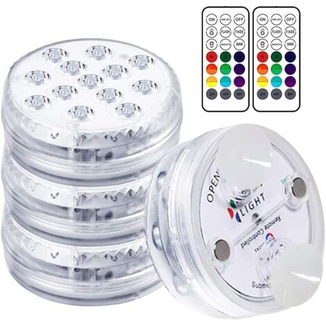 Lampe de piscine LED submersible – Autonomie 30-50 heures – Étanchéité IP68 – 16 couleurs RGB – Télécommande RF – Lot de 4