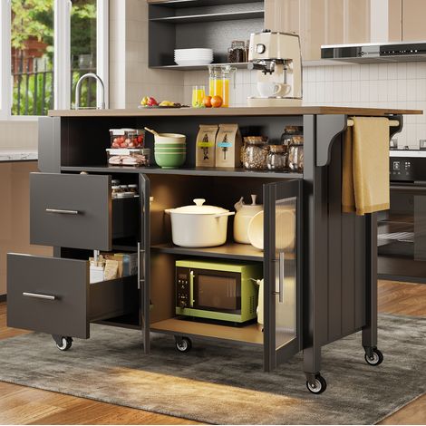 Isola cucina 139x40x94 cm nera in MDF con piano pieghevole, LED, vetrina in vetro e ruote (1/5)