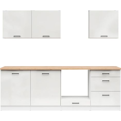 Cuisine complète 240 cm,Ensemble de meuble de cuisine coloris Blanc / Craie - plan de travail coloris Chêne doré (1/5)