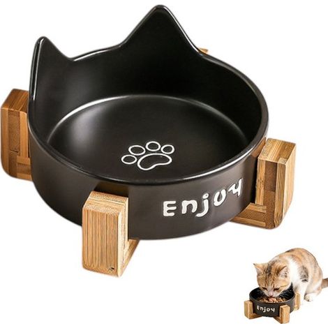 Gamelle en céramique pour animaux de compagnie - Gamelle anti-éclaboussures pour chiens - Avec support en bois antidérapant - Noire - Gamelle pour animaux - Gamelle noire avec motifs de pattes de chat (1/5)