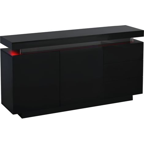 Buffet noir brillant 140 cm avec LED, meuble de rangement moderne 2 portes 3 tiroirs, design sans poignée pour salon, 140x35x72.5cm (1/5)