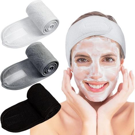 Set di 3 fasce per capelli regolabili in spugna di peluche per spa, trucco e cura della pelle, con chiusura in velcro. (1/4)