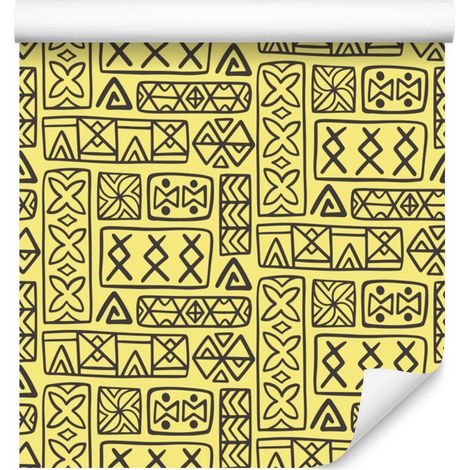 Carta da parati con motivo geometrico polinesiano, giallo e crema, 50x1000 cm (1/5)