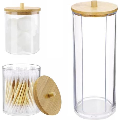 3pcs Boite Coton Tige, Transparent, Bambou, Rangement Salle de Bain, Distributeur Qtips, Accessoire Organisation