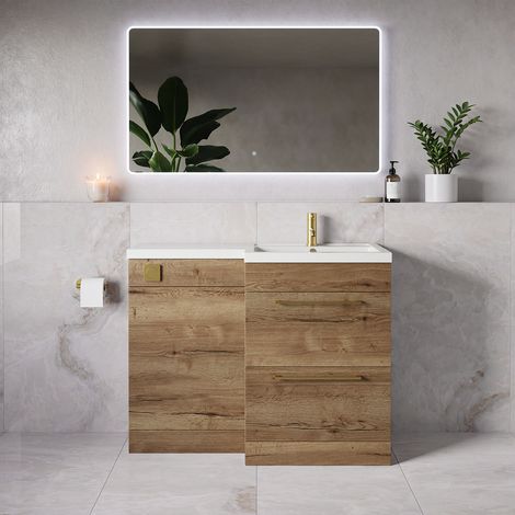 Napoli 390 Tobacco Oak 1100mm 2 Drawer Vanity Unit Toilet Suite with Square Right Hand Lucia Basin - 1100mm - Brushed Brass 320mm HandleWithout Kingston Toilet Pan
