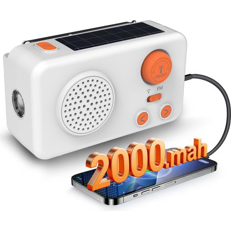Radio d’urgence portable multi‑chargement, manivelle + panneau solaire, lampe torche, power bank, alarme SOS pour camping et randonnée (1/5)