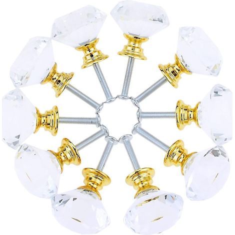 Set aus 10 Kristall-Schubladentürgriffen (30 mm), einlochiger Knaufgriff mit transparentem, goldfarbenem, rautenförmigem Sockel. (1/5)
