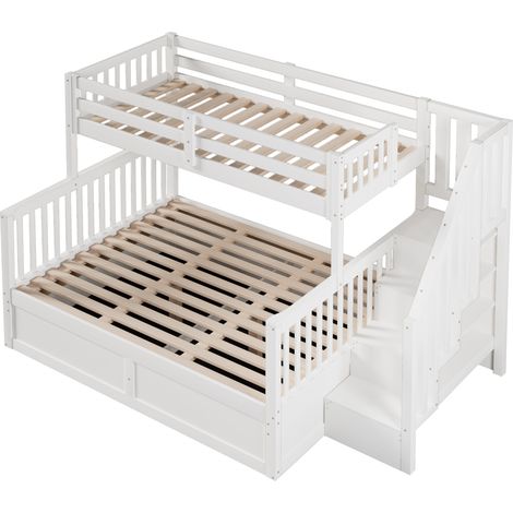Etagenbett für Kinder 90x200 + 140x200 cm Weiß mit Stauraumtreppe und hydraulischem Bettkasten (1/5)