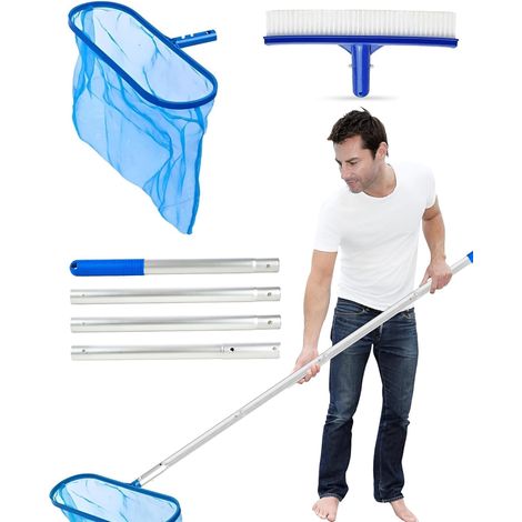 3 Kits De Nettoyage Piscine, Perche Aluminium 140cm, Filet Profond, Brosse 25cm, Pour Étang Et Spa (1/5)