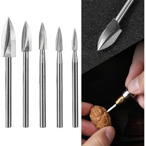 BUNTHAUS CSPARKV Lot de 5 Forets de Gravure en Acier Rapide, Outils de Sculpture sur Bois et Travaux Manuels, Outil de Travail du Bois avec Tige de 1/8 Pouces, Fixation Universelle pour Outils Rotatif (1/5)