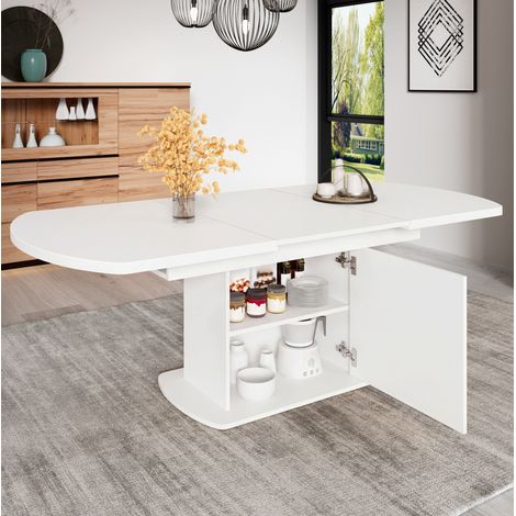 Table à manger ovale extensible 140/200 x 80 x 75 cm, avec rangements, blanc et argent (1/5)
