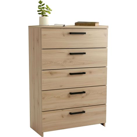 Commode de chambre à coucher de style moderne Watson en chêne Kronberge et chêne Waterford avec 5 tiroirs 79,6x102,5x41,1 cm. (1/5)