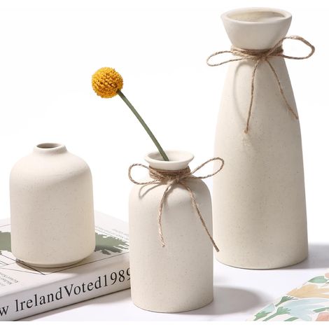 Lot de 3 vases en céramique beige - Décoration nordique moderne et minimaliste pour la décoration intérieure - Bouquet de fleurs fraîches séchées - Décoration de table - Bibliothèque (1/5)
