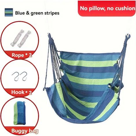 Chaise hamac portable suspendue pliable, 500 lbs max. Assise coton mélangé confortable, adaptée au patio, pelouse et extérieur - Bleu vert (1/5)