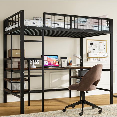Lit superposé 90/200 cm noir avec bureau, étagères et échelle à 4 marches (1/5)