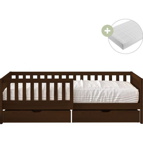 Sunny Isa Lit Enfant 1 Place Avec 2 Tiroirs, En Bois, Marron Barrière De Sécurité - Matelas Hybride Inclus 90 X 200 - 2 Tiroirs De Rangement Dimensions Totales: 206 X 98 X 65 Cm (1/5)