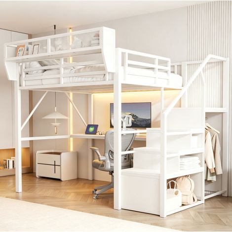 Letto a soppalco 140x200 cm con illuminazione a LED, scrivania integrata e ripiano regolabile, struttura in metallo e MDF bianco. (1/5)