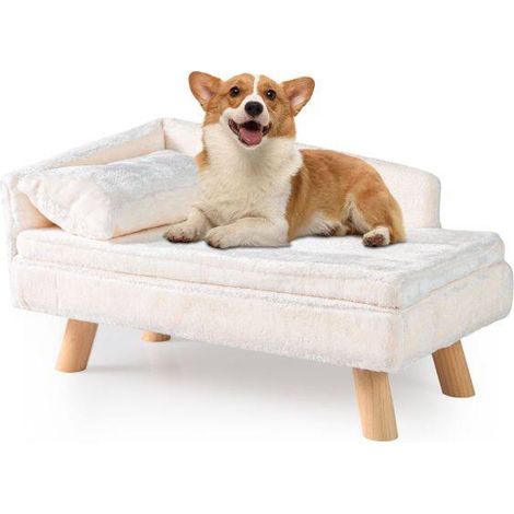 Canapé-lit pour chien surélevé, coussin amovible et oreiller, blanc, pour petits et moyens animaux (1/5)