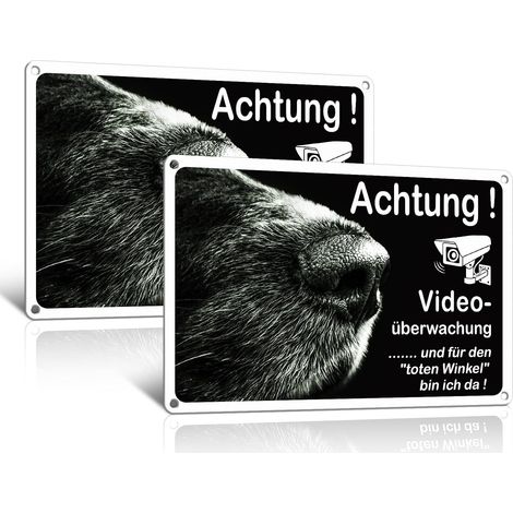 Lot de 2 panneaux d'avertissement pour chien en aluminium avec surveillance vidéo - 30 x 20 cm - Amusant - Facile à monter - Pour l'extérieur - Protection UV - Étanche - Noir (1/5)