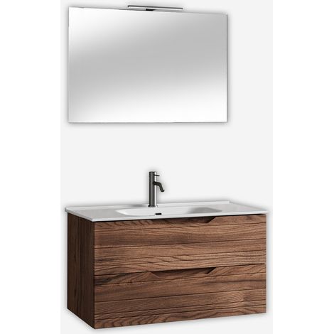 Mobile bagno sospeso con specchio e lavabo Solmira 100 - Marrone Scuro