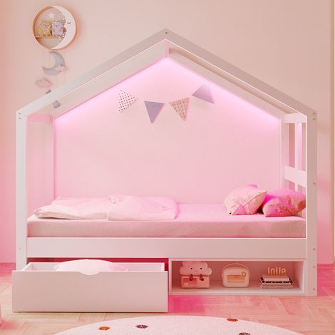Lit Maison 90x190cm - Avec LED, Tiroir & Rangement à Chaussures - Pour Enfant, Chambre - Blanc (1/5)