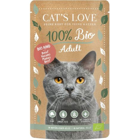 CAT'S LOVE 100 % Bio Katzenfutterbeutel 100 g – für ausgewachsene Katzen Bio-Rindfleisch – Bio-Rindfleisch in natürlicher Gelatine, 100 g (1/3)