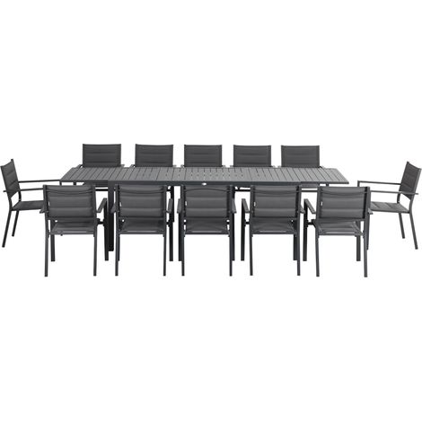 Salon de jardin aluminium textile table extensible 8-12 personnes 12 chaises empilables gris 350x100x75cm