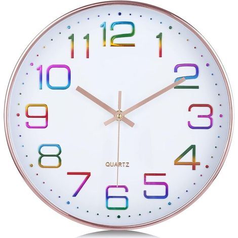 3D Multicolor Numbers Wall Clock, Modern Silent 30cm Rose Gold Wall Clock, Easy to Read Non-Ticking Decorative for Kitchen Living Room