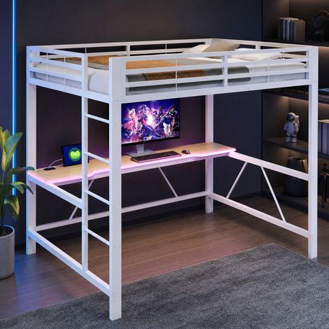 Letto a soppalco gaming 140x200 in metallo con scrivania, LED e USB, bianco OKMYHOME (1/5)
